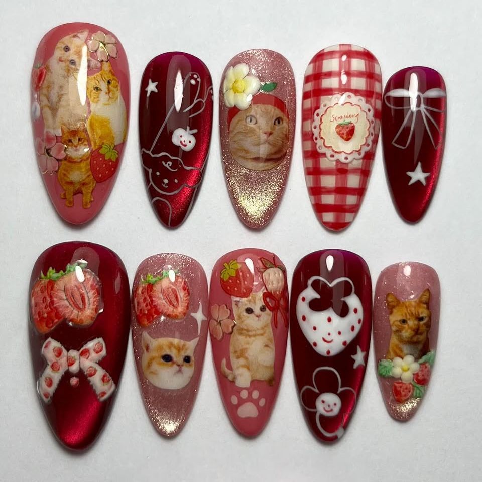 24pcs Strawberry Cat's Eye Pre - Nail Art Y2K ulasan dan harga