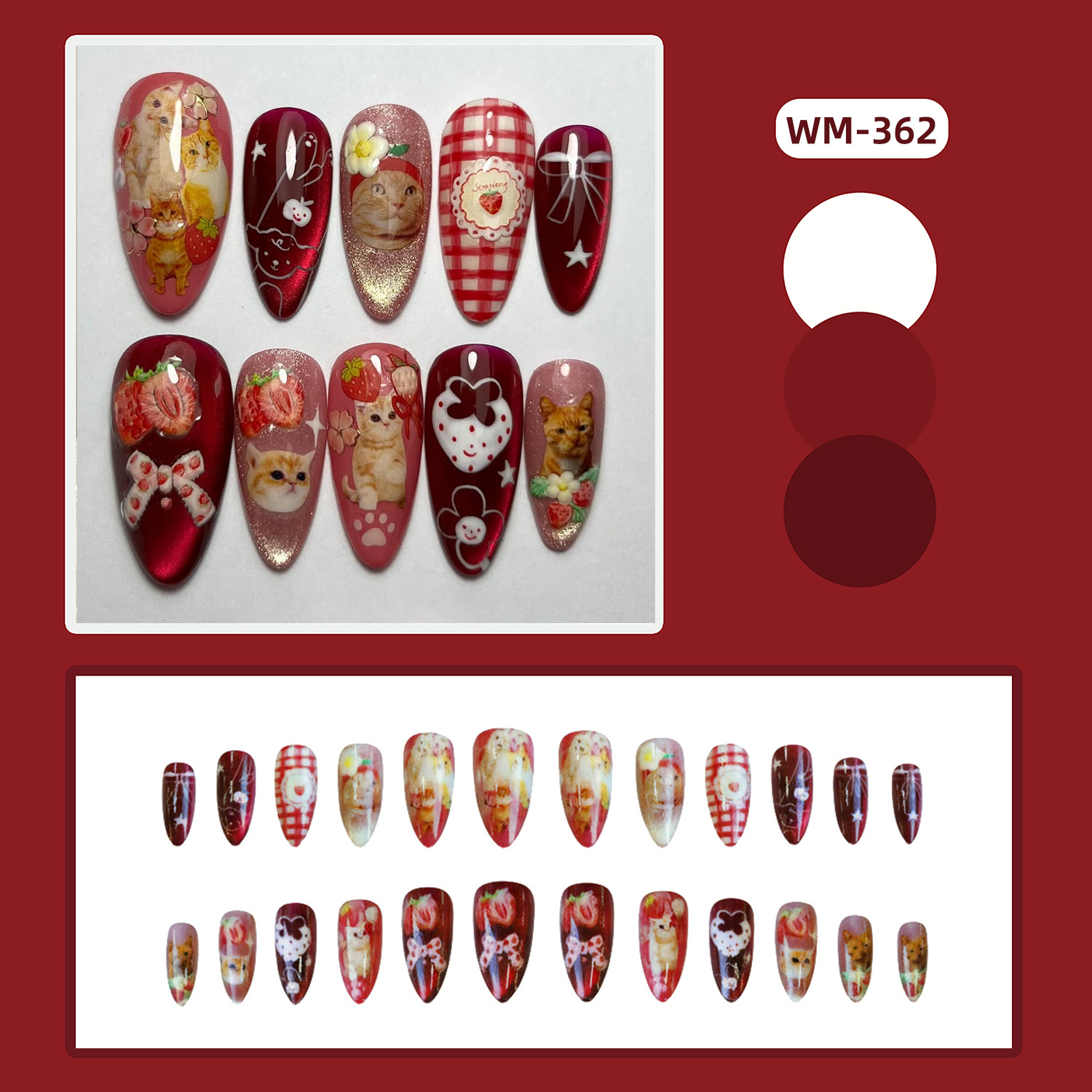 24pcs Strawberry Cat's Eye Pre - Nail Art Y2K ulasan dan harga